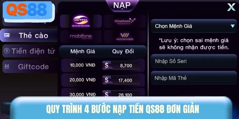 Quy trình 4 bước nạp tiền QS88 đơn giản